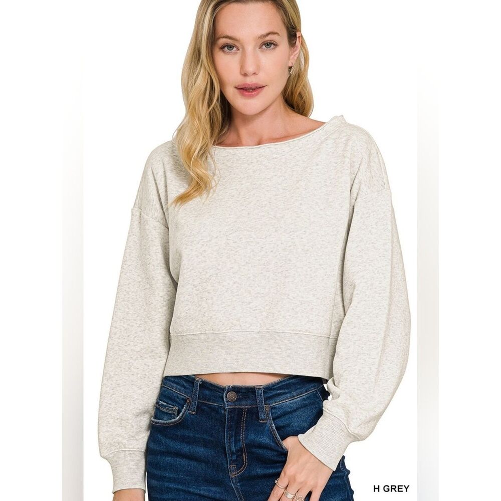 Zenana Fleece Boat-neck Heathered Light Gray Cropped Sweatshirt Sz S M L